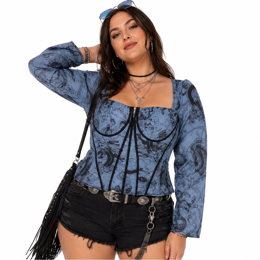 AKIRA Blue Dragon Corset Top Long Sleeve Y2K Festival Plus 1XL